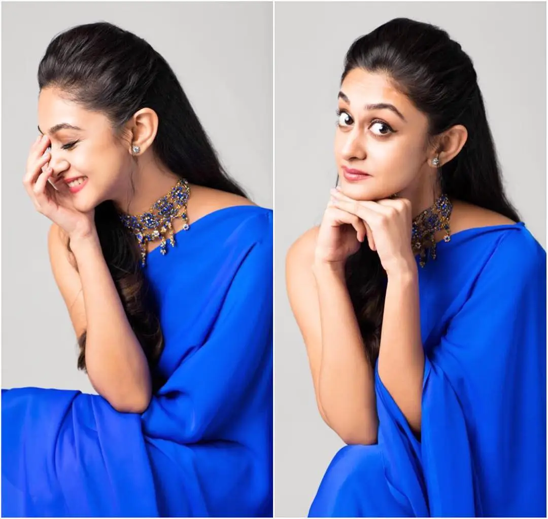 Indian Girl Aishwarya Arjun In Traditional Blue Saree Sleeveless Blouse